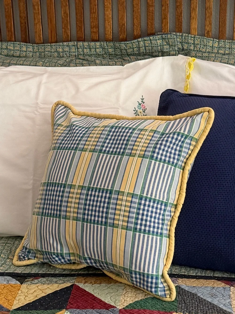 Cottagecore Blue Yellow Gingham Plaid Pillow Cover 16x16 Farmhouse Cottage